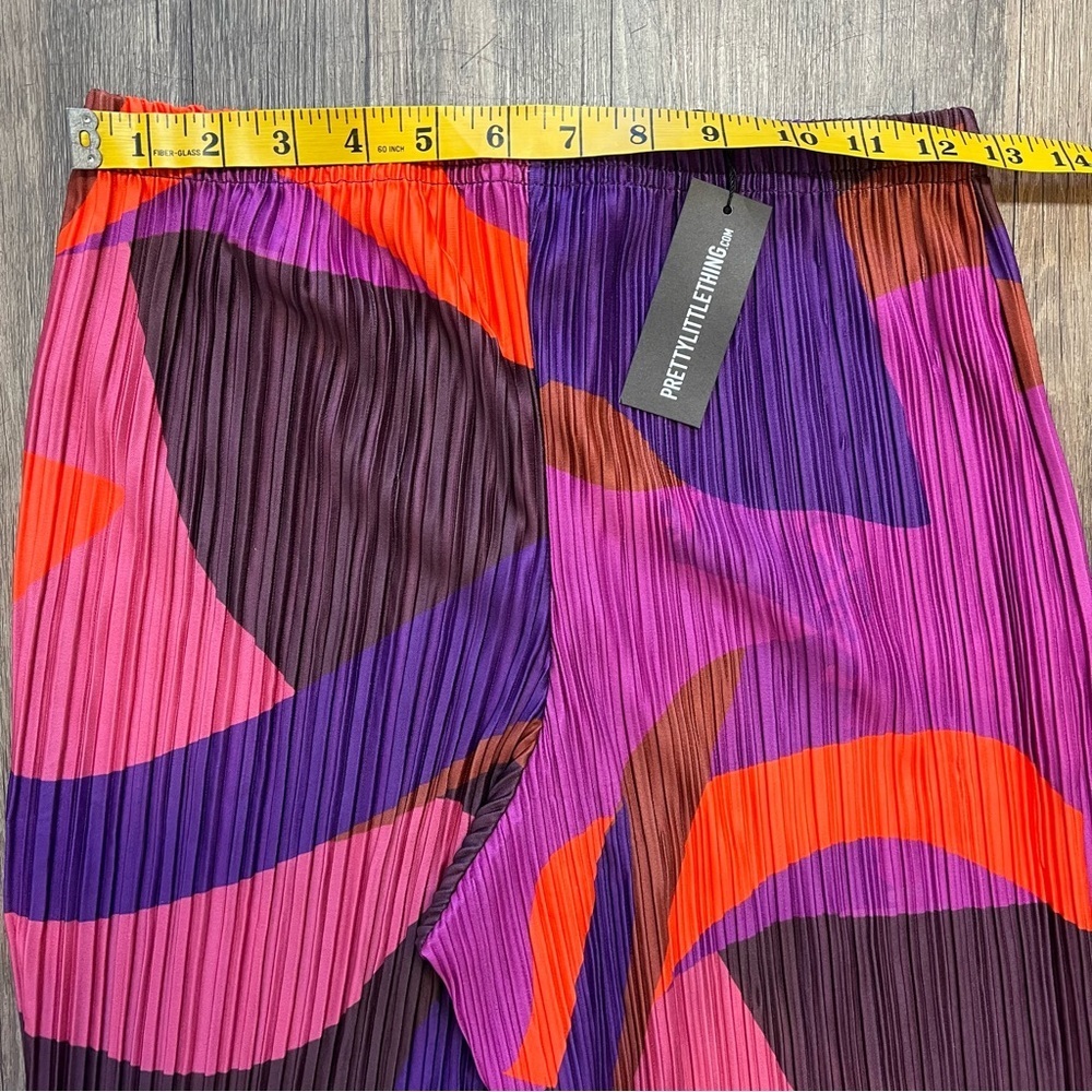 NWT PrettyLittle Thing Pink Orange Print Plisse High Waist Wide Loose Leg Pants - Picture 11 of 12
